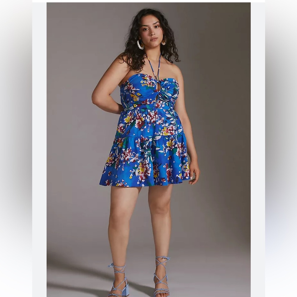 ANTHROPOLOGIE the Emily Halter dress Floral Blue Sundress Size Medium